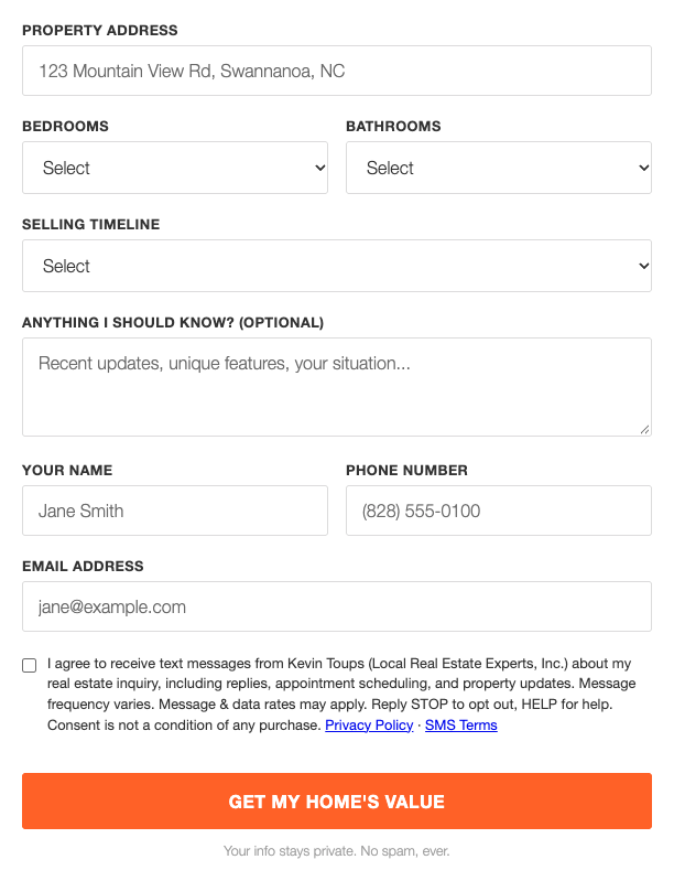 Home value form on kevintoups.homes/sell/ showing the unchecked text-message consent checkbox with full disclosure and links to the Privacy Policy and SMS Terms